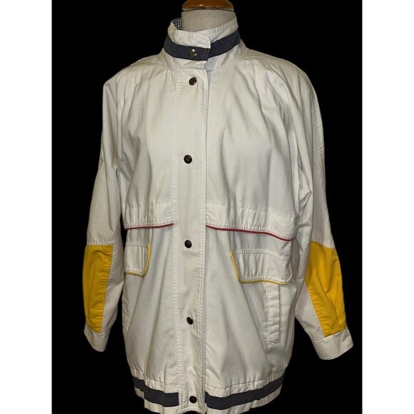 Vtg Andy Johns White Jacket Color Block Gingham Collar Snap Front Size L 1980s - Picture 1 of 8